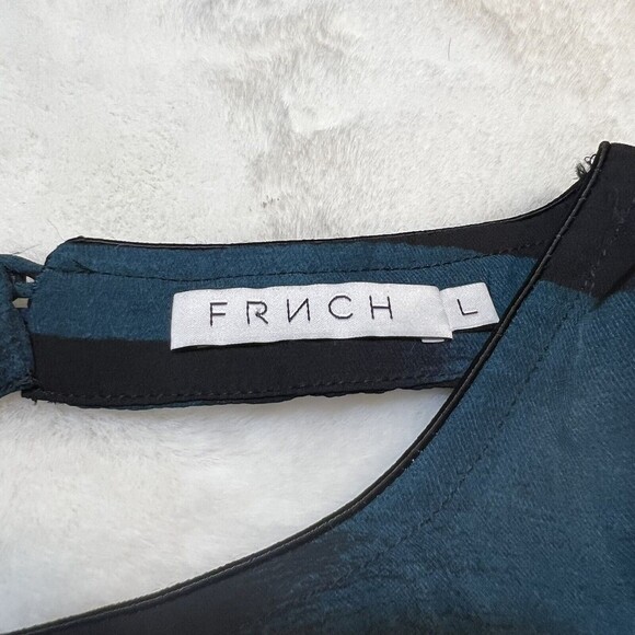 FRNCH Womens Top Semi-Sheer Blue Teal Black Sz L - Picture 5 of 10